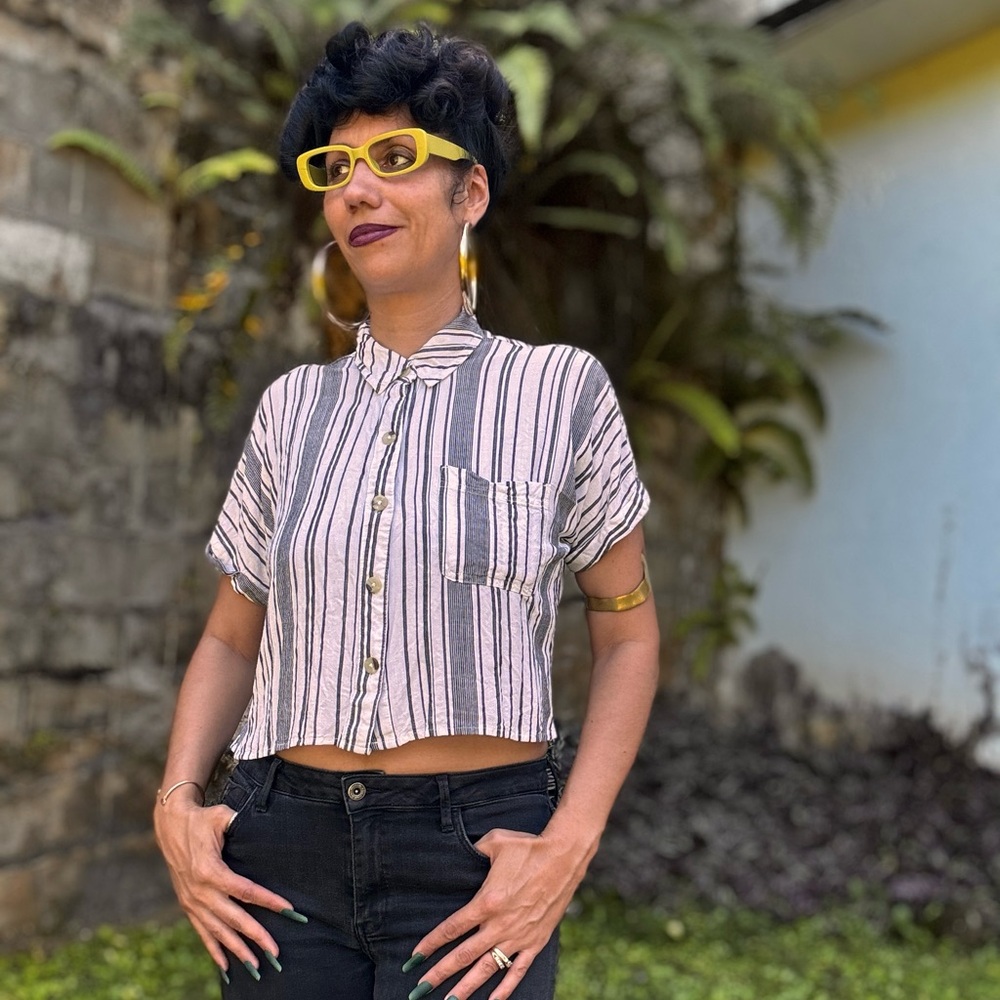 Vintage 90s Aeropostale Women's Striped Button Down Top Cropped Shirt Size M